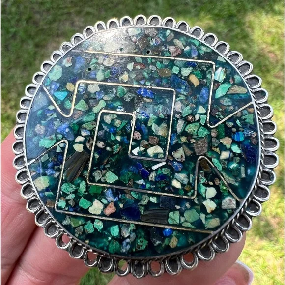 Vintage Sterling Silver Taxco Mexico Turquoise & Lapis Inlay Brooch Pendant - Picture 1 of 17
